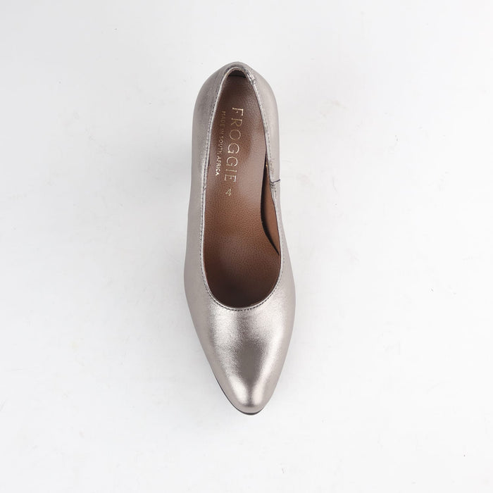 Froggie Women's Block Heel Court Shoe-Pewter Leather- 12625 - top angle.