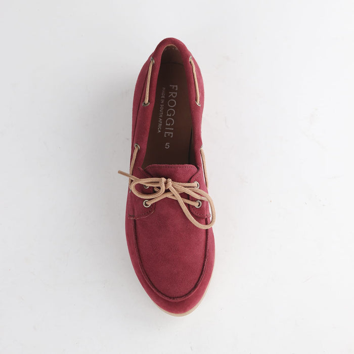 Froggie Shoes 12971 women’s boat shoe in burgundy suede featuring durable rubber sole, soft lining, and timeless laid-back style.