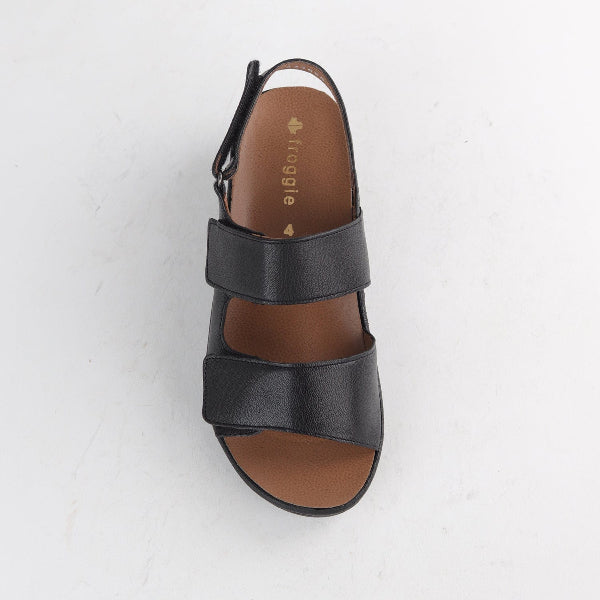 Froggie Double Band Wedge Slingback Sandal with Removable Footbed in Black - 12533 - top angle.