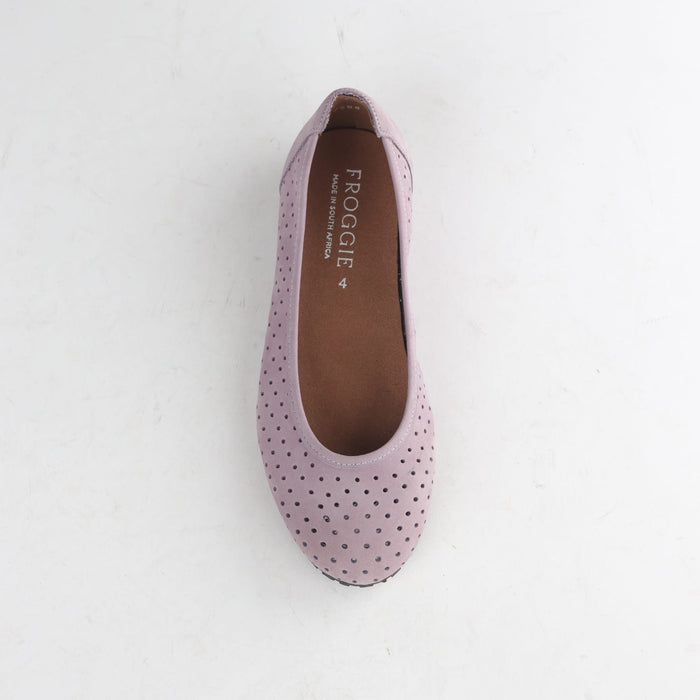 Froggie Women's Flat Punched Pump - Lilac nubuck Leather - 13094 - top angle.