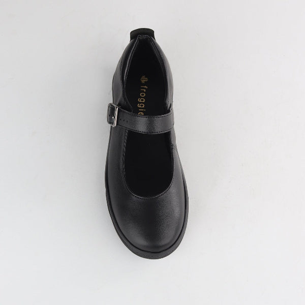 Froggie Girls School Shoe with Buckle in Black - 11441 - top angle.