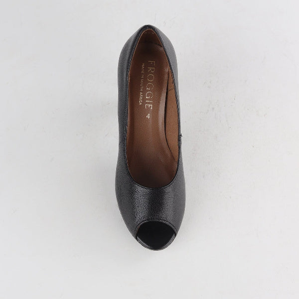 Froggie High Heel Peep Toe Court Shoe in Black - 12753 - top angle.