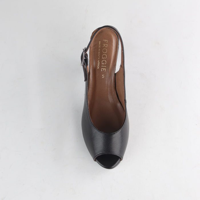 Froggie Women's High Heel Peep Toe Slingback Black Leather - 13093 - top angle.