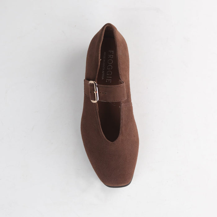 Froggie Shoes Shoes Froggie Women's Mary Jane Flat Court Shoe- Buckle Strap -Brown Suede - 13031