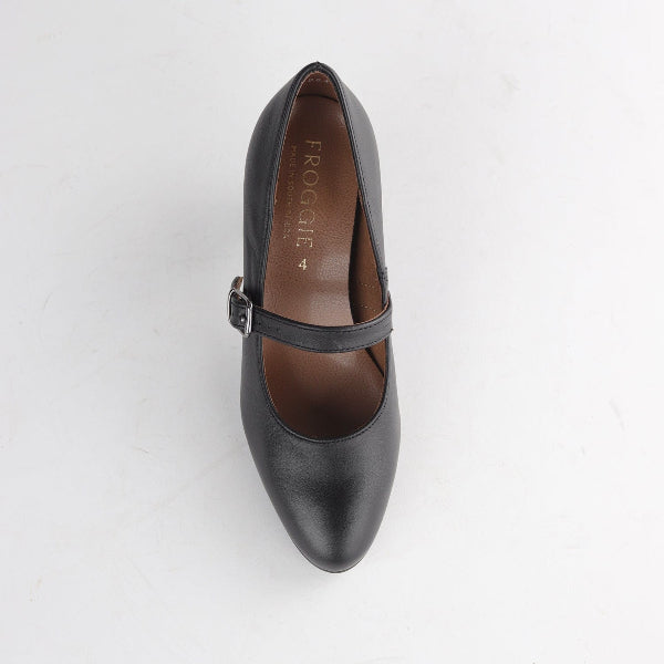 Froggie Women's Mary Jane Court Shoe- Black Leather- 12733 - top angle