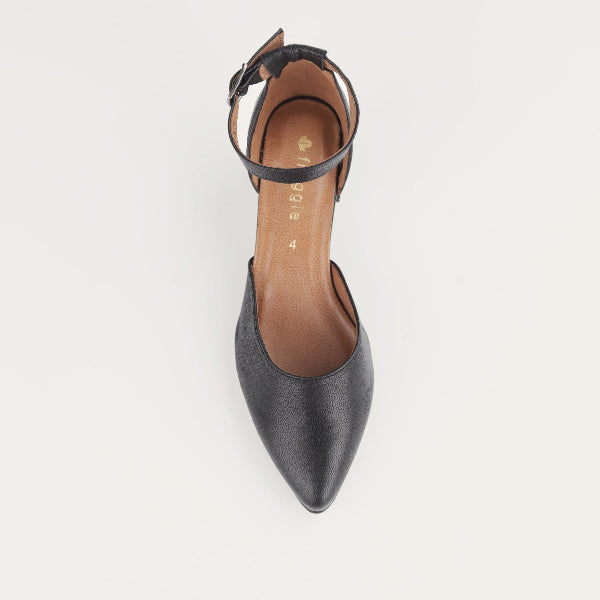 Froggie Pointed Block Heel with Ankle Strap in Black - 12627 - top angle.