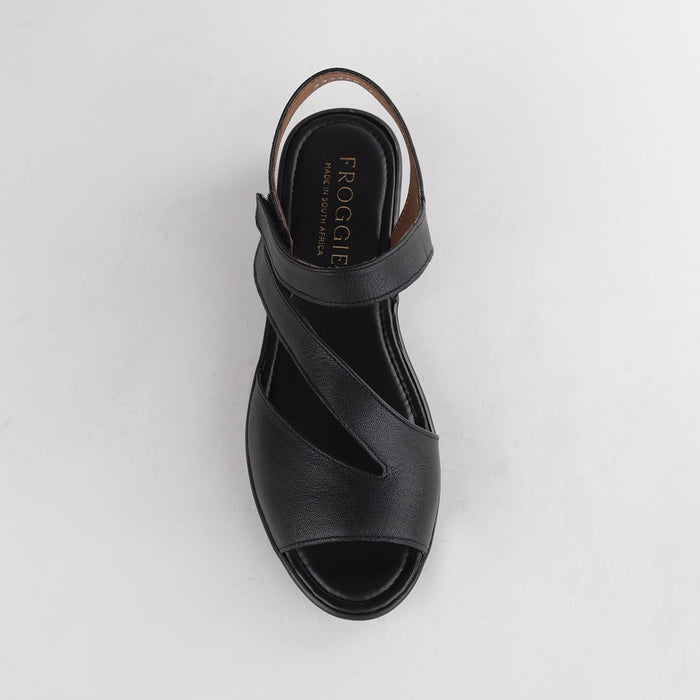 Froggie Shoes Sandals Froggie Women’s Sandal- Velcro- Black Leather- 12538 - top angle.