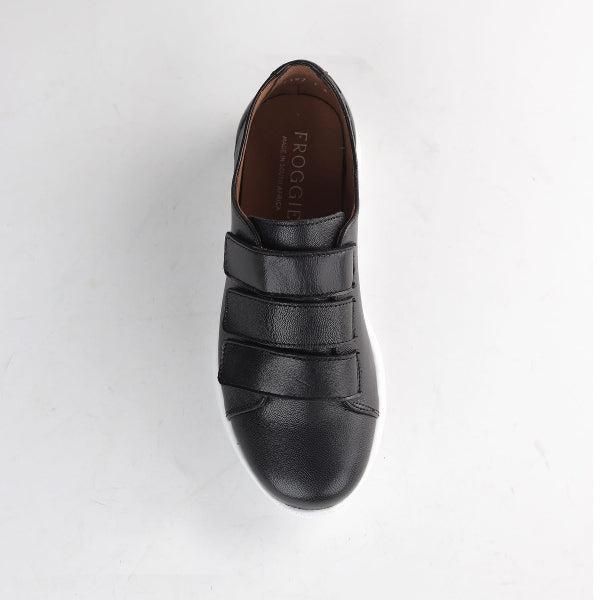 Froggie Women’s Sneaker- Velcro Fastening- Black Leather- 13044 - top angle