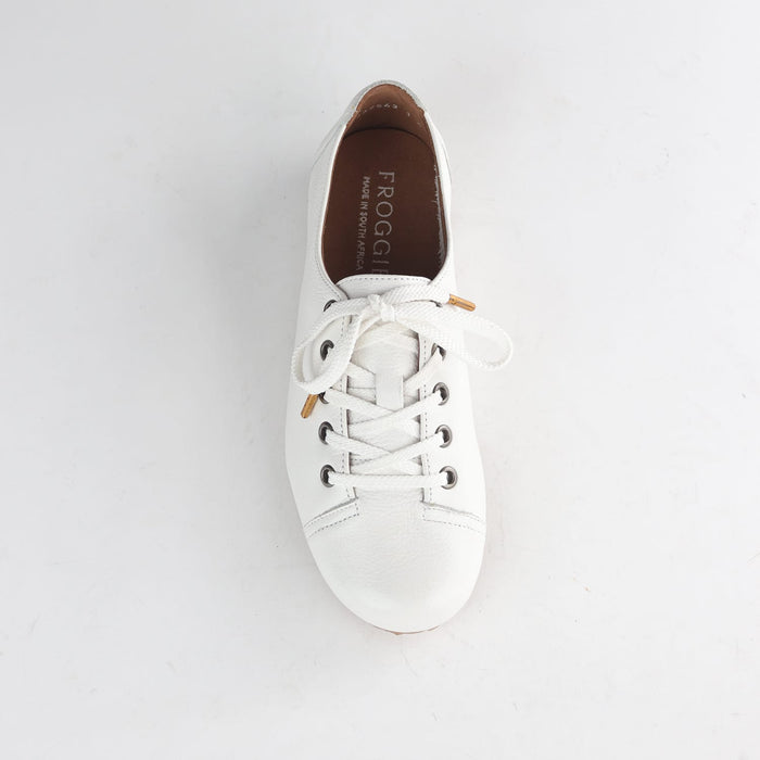 Factory Shop Shoes Froggie Women’s Sneaker- White Leather - 13032 - top angle.