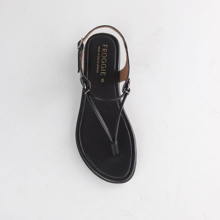 Froggie Women’s 13075 spaghetti thong sandal in black leather with thin strap detailing, slip-on fit and comfortable everyday summer wear.