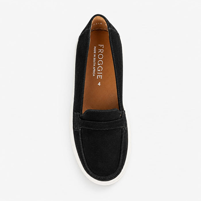 Women’s Froggie 12991 loafer sneaker in brown suede with sporty sole, easy slip-on construction and versatile everyday wear comfort.