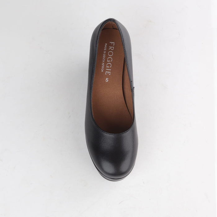Froggie Women’s Wedge Pump- Black Leather and Patent Leather- 11168 - top angle.