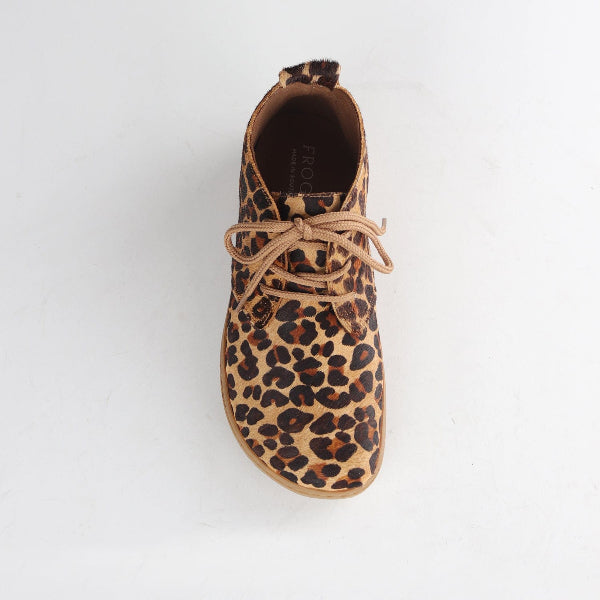 Froggie Women's Barefoot Lace-up Veldskoen in Cheetah Tan - 13012 - top angle