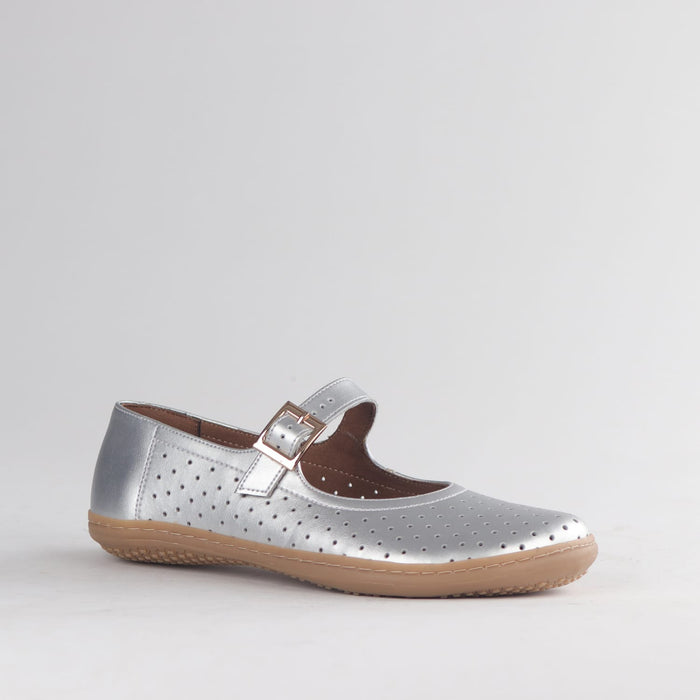 Froggie Women's Barefoot Mary Jane - Removable Footbed- Silver - 13011 - side angle.