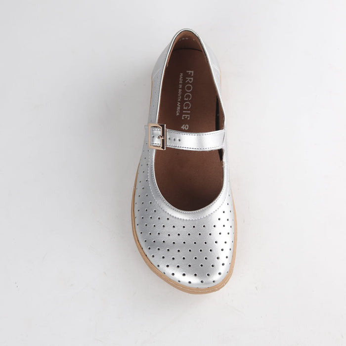 Froggie Women's Barefoot Mary Jane - Removable Footbed- Silver - 13011 - top angle.