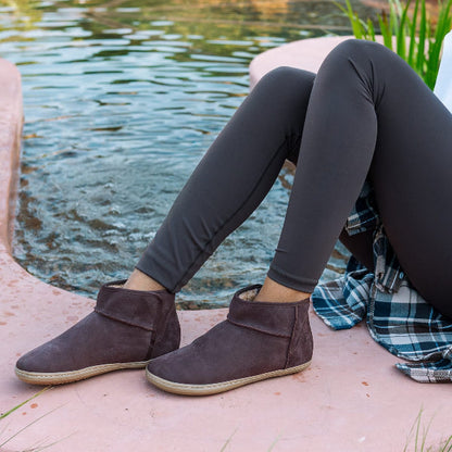 Froggie Shoes Women's Barefoot Sheepskin Boot-Brown Nubuck – 12879 in model feet