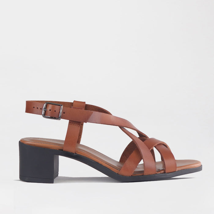 Froggie Shoes Shoes 4 / Tan / 13134 Block Heel Crossover Sandal