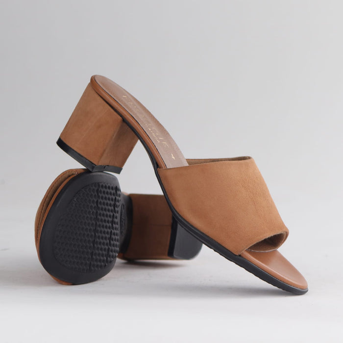 Froggie Shoes Shoes Froggie Women's Block Heel Mule Sandal- Tan Suede - 12968