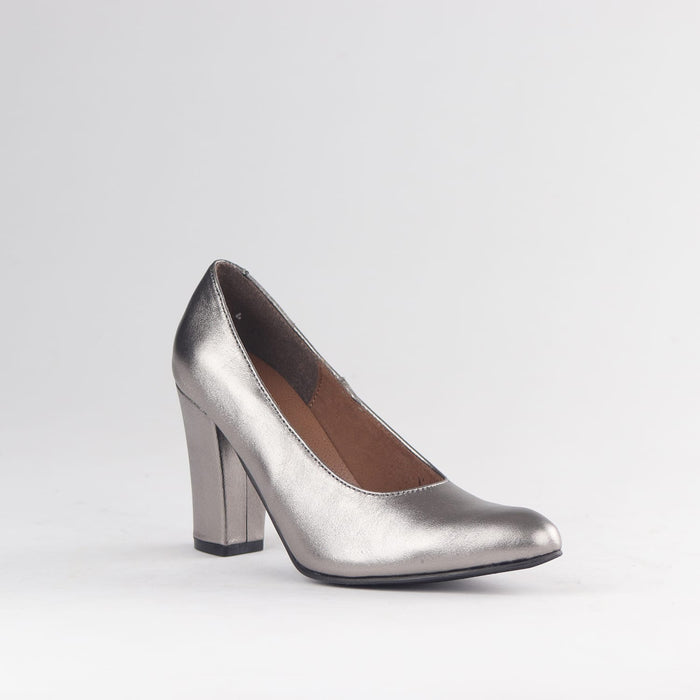 Froggie Women's Block Heel Court Shoe-Pewter Leather- 12625 - side angle.