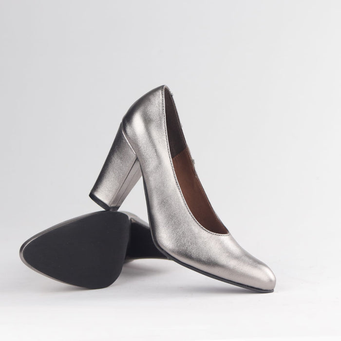 Froggie Women's Block Heel Court Shoe-Pewter Leather- 12625 - pair.