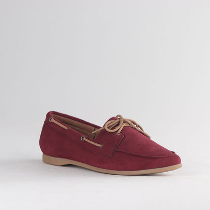Burgundy suede Froggie 12971 women’s boat shoe with soft upper, flexible sole, and comfortable everyday slip-resistant wear design.