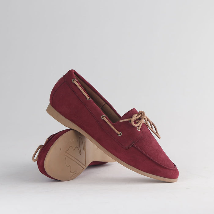 Women’s Froggie Boat Shoe 12971 in burgundy suede with moccasin stitching, lace detail, and relaxed casual comfort fit.
