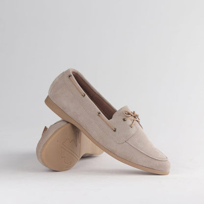 Women’s Froggie Boat Shoe 12971 in beige suede featuring moccasin-style stitching, lace detail, and relaxed casual comfort fit.