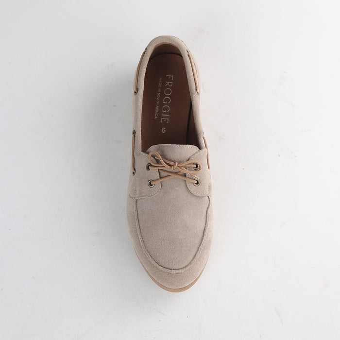 Froggie Women’s Boat Shoe 12971 in beige suede featuring lace-up design, cushioned insole, and classic casual nautical style.