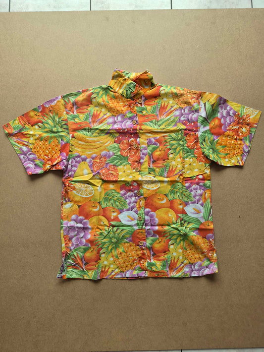 Chemise Aloha Mixed Blues Fruits Tropicaux Jaune — Made in Philippines — S — Bon état