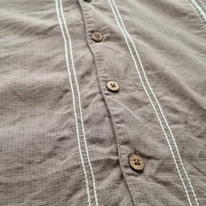 Chemise Hawaïenne Vintage Island Shores - Bandes Brodées Taupe - Soie - XL