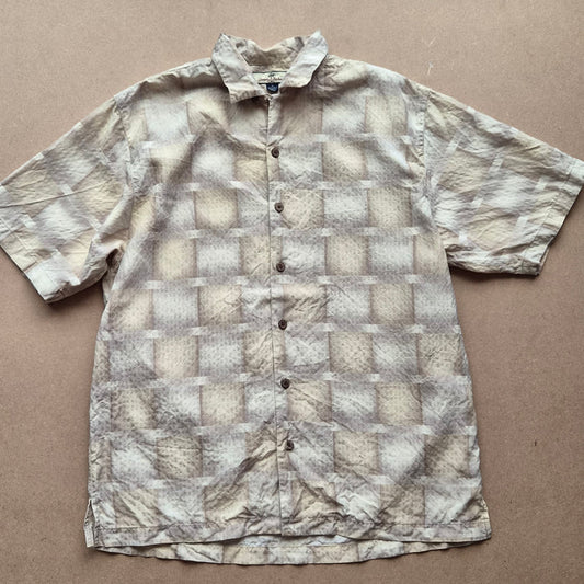 Chemise hawaïenne vintage Tommy Bahama - motif géométrique abstrait tons beige crème - 100% soie - taille M