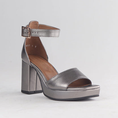 Froggie Women's Pewter Leather Platform Block Heel Sandals - 13061 - side angle.