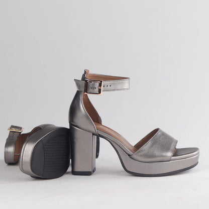 Froggie Women's Pewter Leather Platform Block Heel Sandals - 13061 - pair.