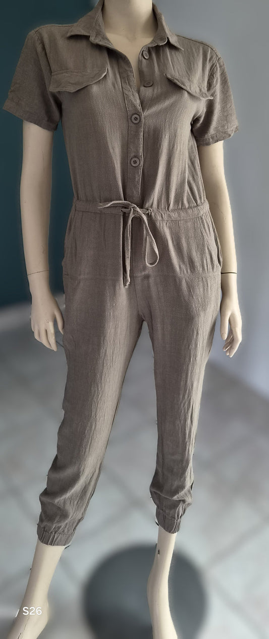 Combinaison femme kaki style safari – Taille S – Lin & Viscose