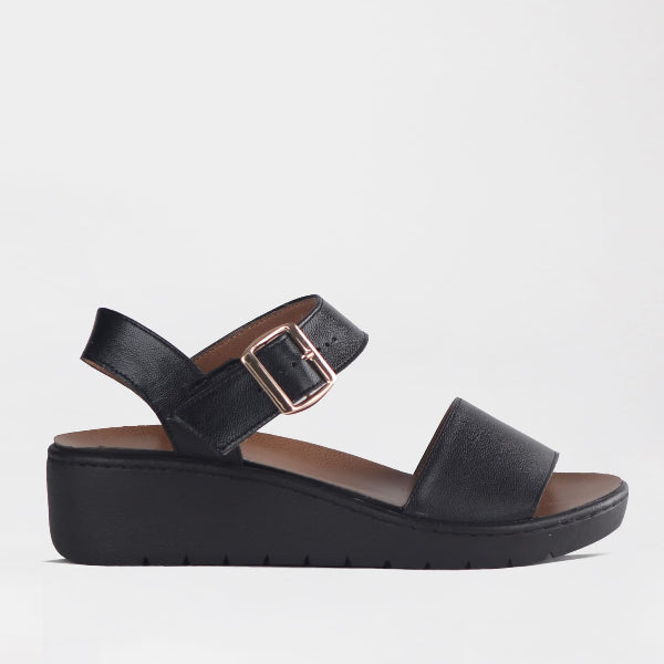 Froggie Women's Double Band slingback wedge sandal-removable footbed- Black Leather- 13071 - single side.
