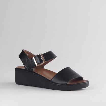 Froggie Women's Double Band slingback wedge sandal-removable footbed- Black Leather- 13071 - side angle.