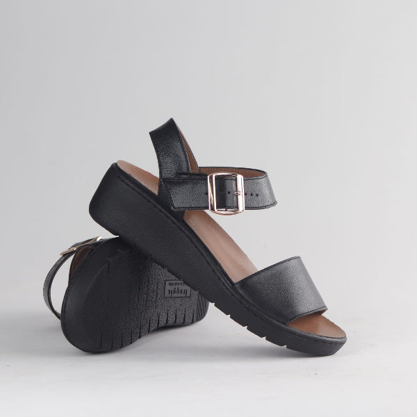 Froggie Shoes Shoes Froggie Women's Double Band slingback wedge sandal-removable footbed- Black Leather- 13071 - pair.