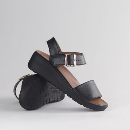 Froggie Shoes Shoes Froggie Women's Double Band slingback wedge sandal-removable footbed- Black Leather- 13071 - pair.