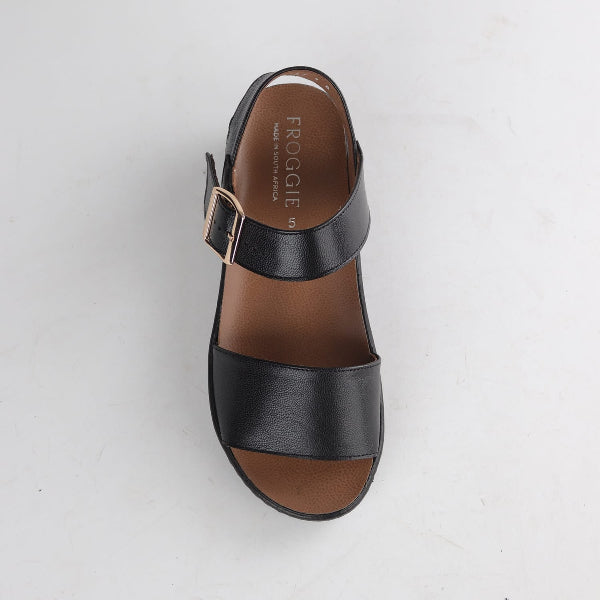 Froggie Women's Double Band slingback wedge sandal-removable footbed- Black Leather- 13071 - top angle.