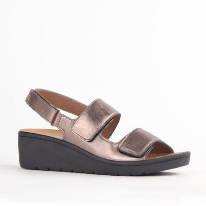 Froggie Shoes Shoes Double Band Wedge Slingback Sandal with Removable Footbed in Lead Metallic - 12533