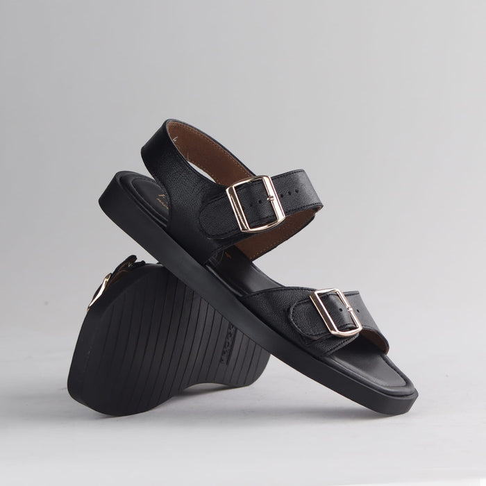 Froggie Shoes Shoes Froggie Women's Double Buckle Sandal- Black Leather - 12881