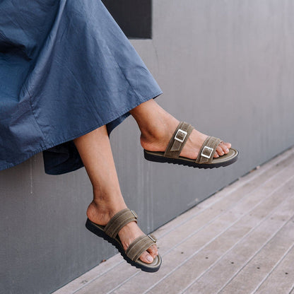 Factory Shop Shoes Double Buckle Slide in Forest - 12919