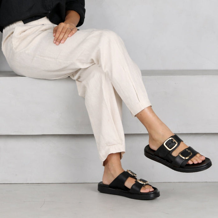 Froggie Women's Double Buckle Slide- Black leather - 12681 - model picture
