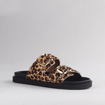 Froggie Women's Double Buckle Slide-Cheetah Leather - 12681 - side angle