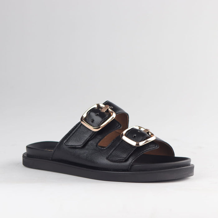 Froggie Shoes Shoes Froggie Women's Double Buckle Slide- Black Leather - 12681