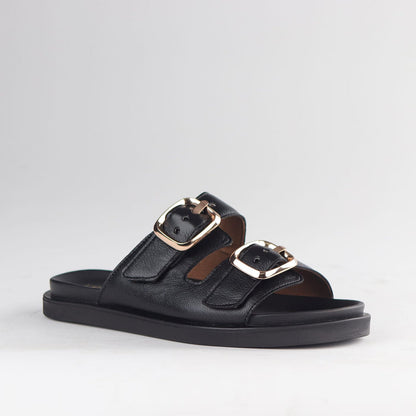 Froggie Shoes Shoes Froggie Women's Double Buckle Slide- Black Leather - 12681