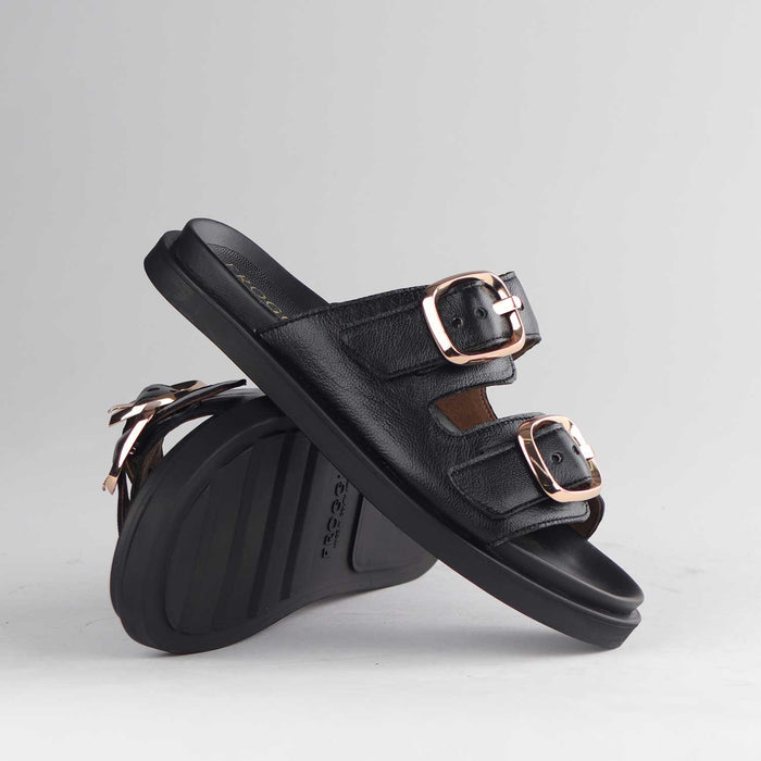 Froggie Shoes Shoes Froggie Women's Double Buckle Slide- Black Leather - 12681