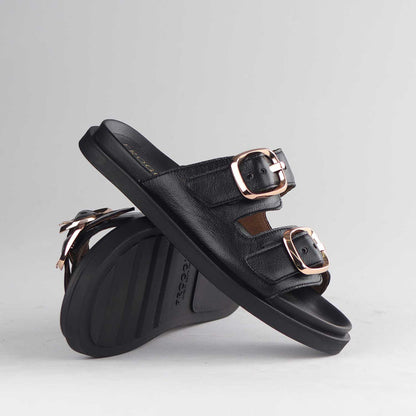 Froggie Shoes Shoes Froggie Women's Double Buckle Slide- Black Leather - 12681