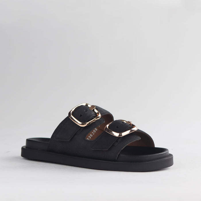 Froggie Shoes Shoes Froggie Women's Double Buckle Slide- Black Nubuk - 12681