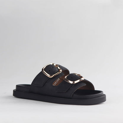 Froggie Shoes Shoes Froggie Women's Double Buckle Slide- Black Nubuk - 12681